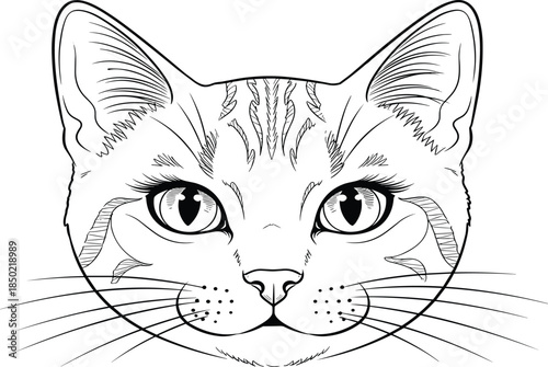 Cat face line drawing, black white sketch, feline illustration, expressive eyes, whiskers detail, artistic pet portrait, animal outline