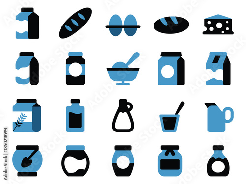 A collection of various food ingredients and kitchen essentials in black and blue silhouettes.