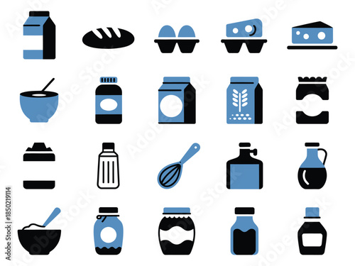 A collection of kitchen ingredient icons, featuring dairy, eggs, bread, and condiments in a modern flat design.