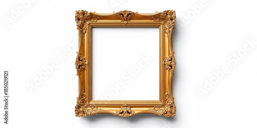 Golden picture frame without content, used as a backdrop for graphic elements or editorial headers