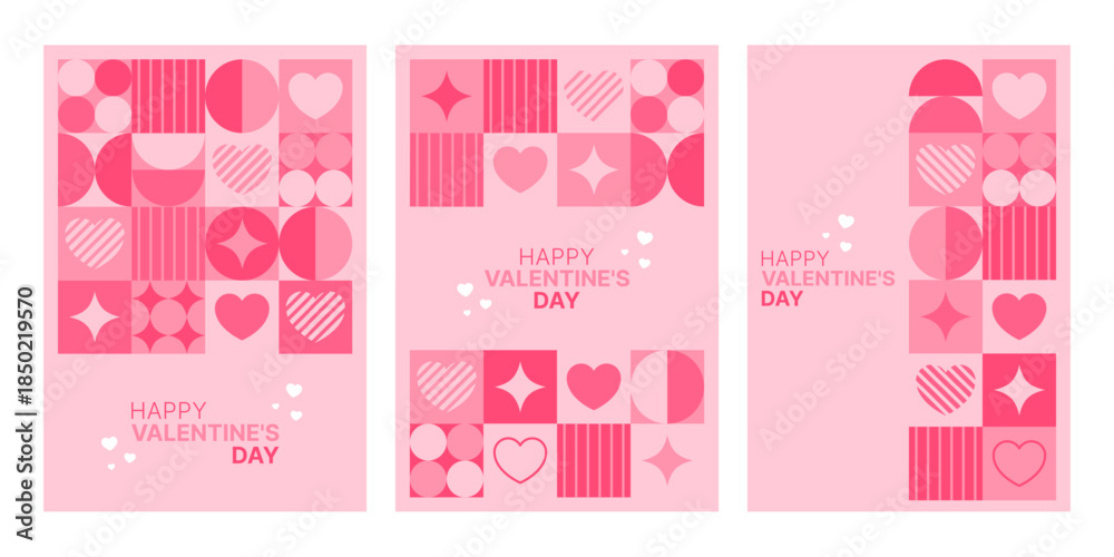 Fototapeta premium Set of three seamless patterns and two greeting cards for Valentines Day with geometric abstract hearts. Love and romance concept.
