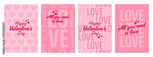 Four vertical Valentines Day greeting card designs with hearts and love typography for celebration of romance and affection.