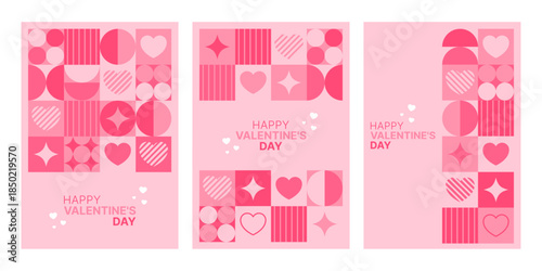 Set of three seamless patterns and two greeting cards for Valentines Day with geometric abstract hearts. Love and romance concept.
