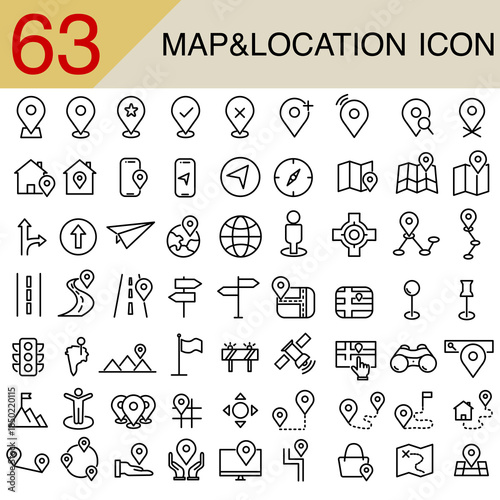 Large set of map and location icons for navigation, collection of thin line symbols including pin pointers, GPS, routes, travel, and direction for web and app design