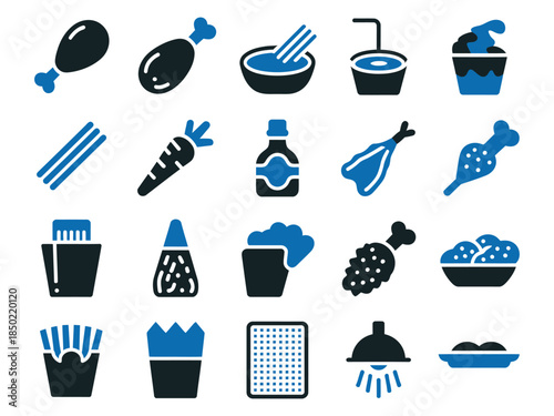 A collection of food icons including fried chicken, noodles, carrots, and snacks, perfect for food-related designs.