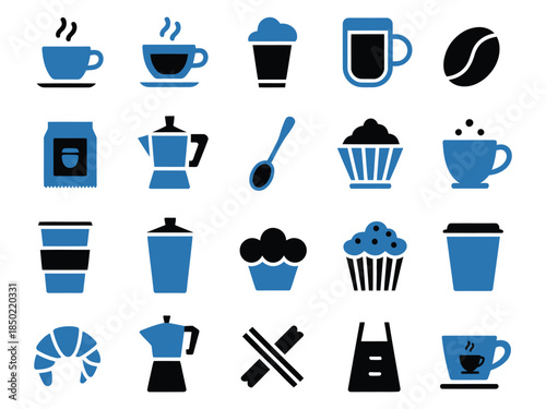 Collection of stylish blue and black icons representing coffee, desserts, and kitchen tools.