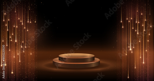 Falling stars on dark background with round podium, falling lights with sparkling blur golden fire trials on pedestal