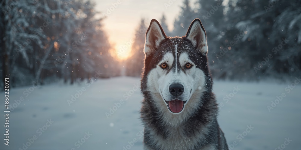 Naklejka premium Close-up of a Siberian husky with brown eyes during winter, fur texture and attentive stance