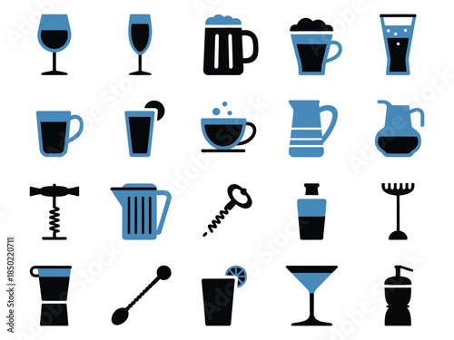 A collection of beverage icons in blue and black, featuring glasses, mugs, and drinkware designs.