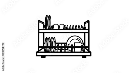 Dish Rack with Clean Dishes Inside.