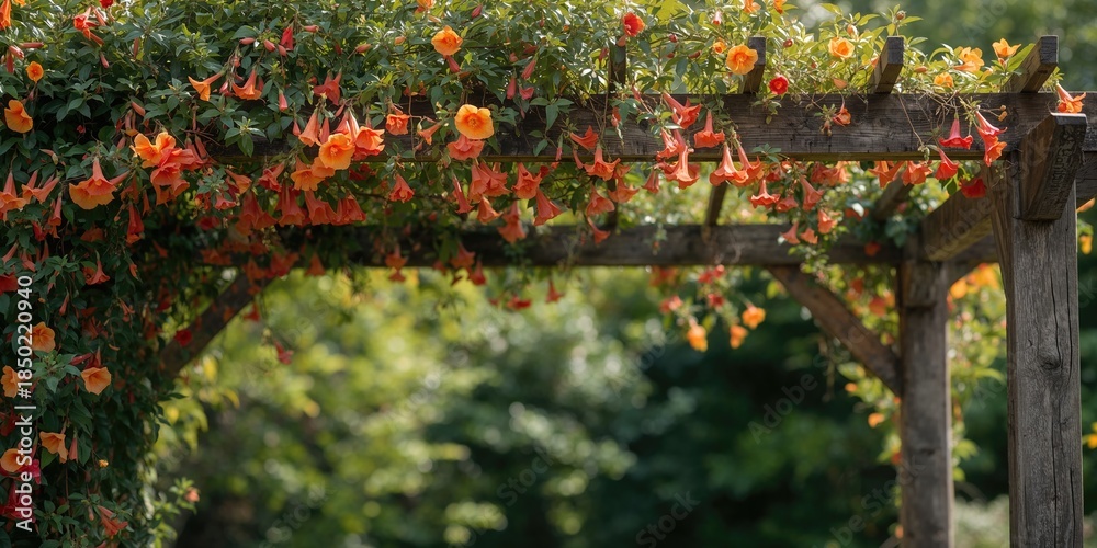 Obraz premium Campsis radicans climbing a pergola as a decorative vine, outdoor greenery and architectural integration