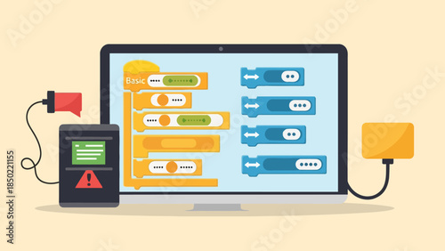 Computer screen displaying colorful code blocks connected devices