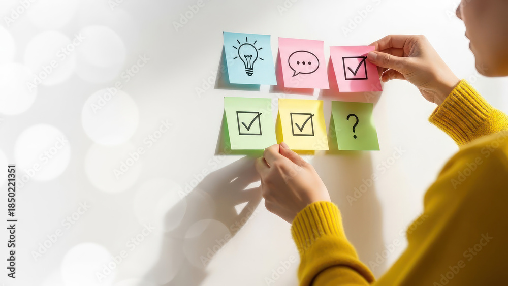 Obraz premium A person in a yellow sweater organizes sticky notes for project planning and task management