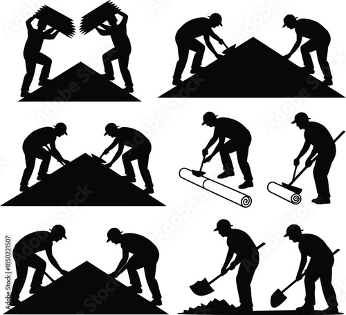 Roofer silhouettes, construction workers repairing roof vector set