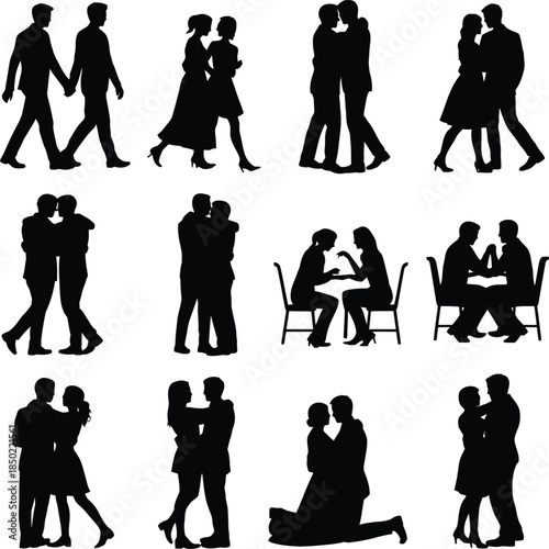 Romantic couple silhouettes, lovers holding hands and dating vector set