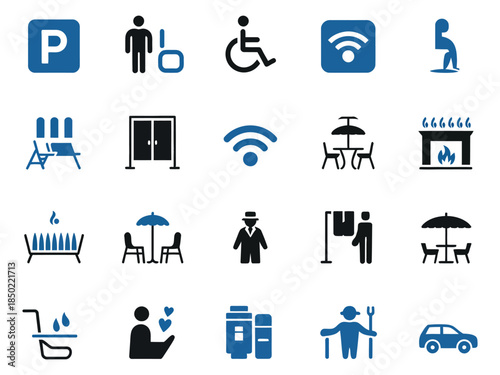 A collection of icons representing various amenities and services, including accessibility, Wi-Fi, seating, and heating options.