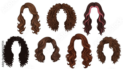 Stylized Wavy and Curly Hairstyles for Avatars, digital hairstyle, wavy hair illustration, curly hair avatar, brown hair design, pink highlights, character customization, fashion hair art, long hair, 
