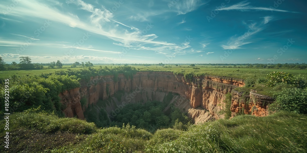 Obraz premium Large sinkhole in a rocky terrain, geological instability, Earth Day
