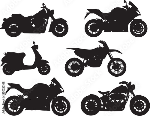 Arrangement of six black silhouette motorcycle types including cruiser, sportbike, scooter, and dirt bike for diverse transport themes also transparent background