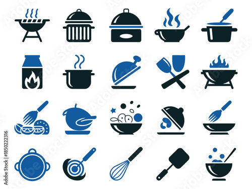 A collection of cooking icons, featuring various utensils and cooking methods in shades of blue.
