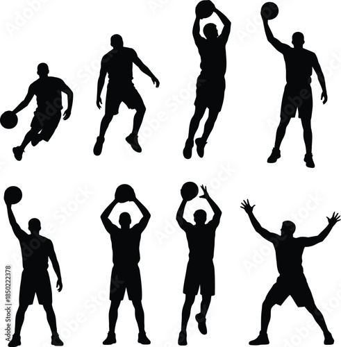 Basketball player silhouettes, athletes shooting and dribbling vector set
