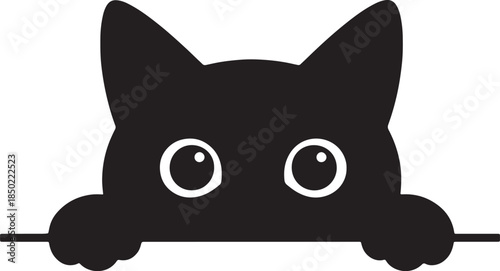 Black silhouette of a curious cat peeking over a surface with large, wide eyes and paws visible kitten also transparent background