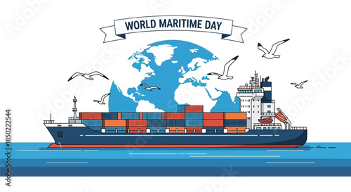 Celebrating world maritime day with a global shipping container vessel sailing across the blue ocean waves