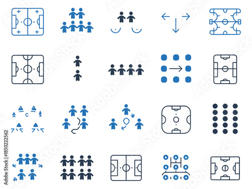 Variety of soccer strategy icons, showcasing formations, player movements, and setup patterns in a dynamic blue and gray theme.