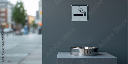 Smoking area with ashtray and signage on gray wall, safety and designated zones