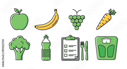 Healthy eating and weight loss icons representing diet planning nutrition tracking and fitness goals
