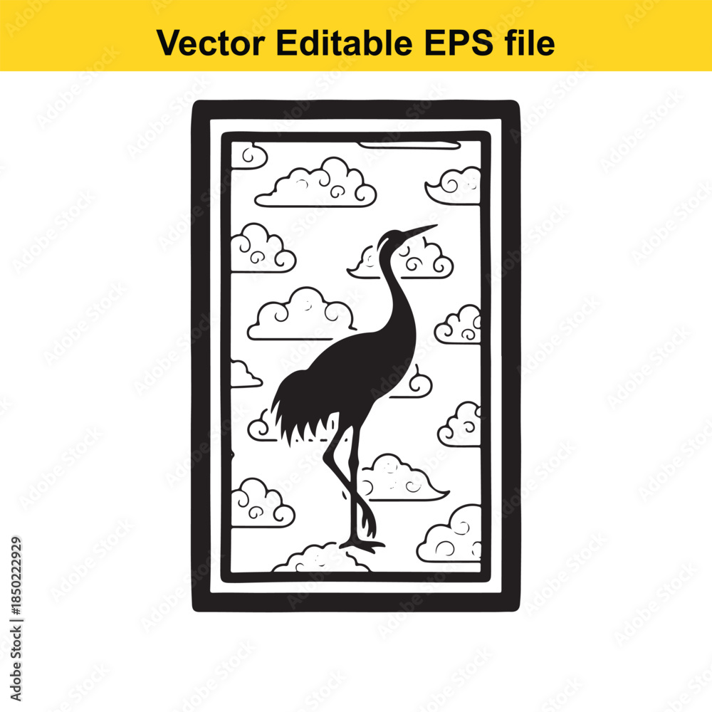 Naklejka premium vector editable file of a black silhouette of a crane standing on one leg with clouds