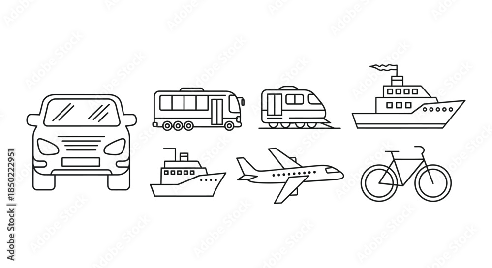 Naklejka premium Set of white line art transportation icons including car bus train ship plane and bicycle on black