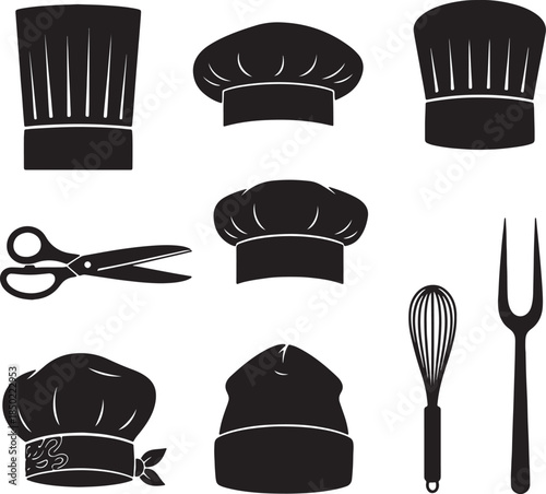 Collection of black silhouette chef hats and kitchen utensils on a white background toque blanche chef cap also transparent background