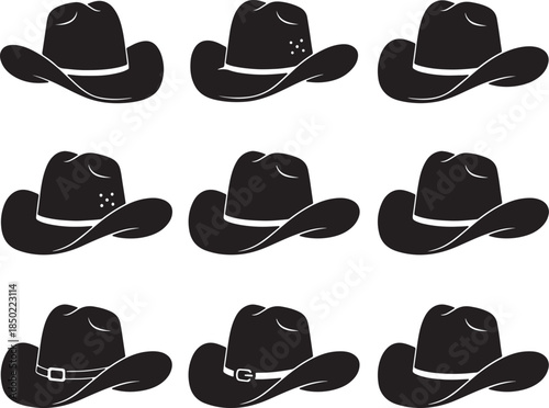 Collection of nine black silhouette cowboy hats with variations in band details showcasing Western fashion and iconic headwear styles also transparent background
