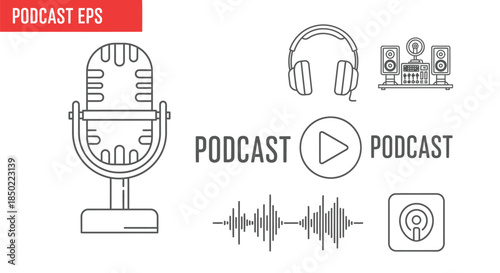 Collection of minimalist line art icons representing essential equipment and symbols for modern podcast production and broadcasting