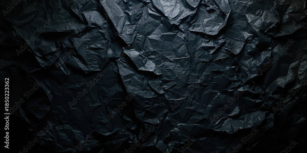 Fototapeta premium Dark crumpled black paper surface in subdued lighting serving as an editorial page background, Earth Day