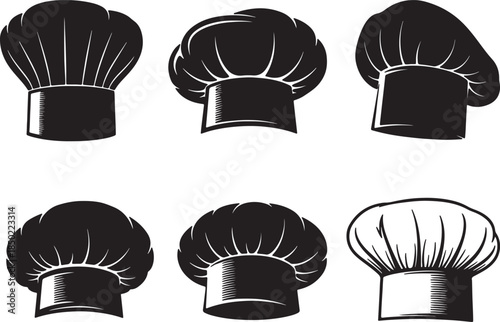 Collection of six distinct black silhouettes of chef hats, showcasing culinary artistry and kitchen attire also transparent background