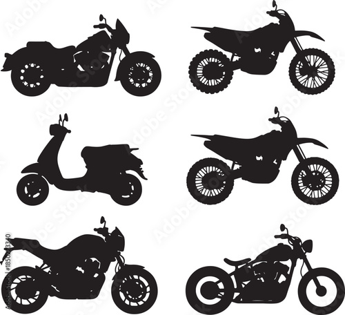 Collection of six distinct black silhouettes showcasing various motorcycle types including a cruiser, scooter, and dirt bikes also transparent background
