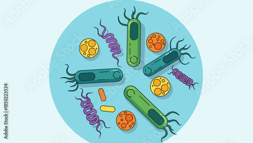 Diverse cartoonstyle microbes and cellular structures on a light blue background