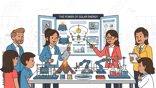 Diverse group at a solar energy exhibit with a volcano model and robots
