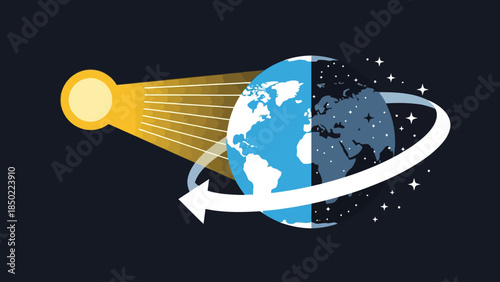 Earth illuminated by the sun half day and half night with a rotation arrow