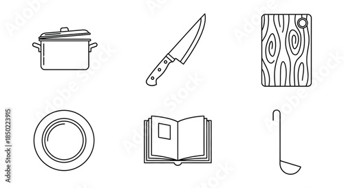 Collection of essential black outline cooking icons representing kitchen tools for culinary preparation and recipes
