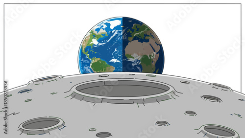 Earth seen from the moons surface with craters