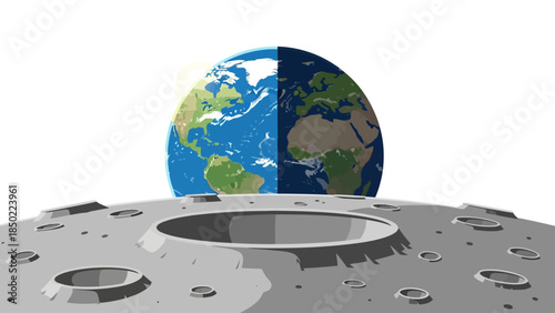 Earth viewed from the Moons surface showing day and night sides