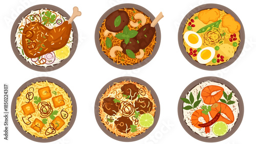 Assorted Asian dishes including ramen curry fried rice and noodle soup in bowls