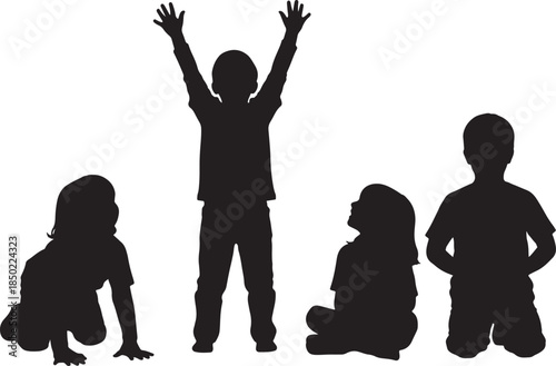 Diverse group of children in silhouette, engaged in various playful activities, conveying childhood joy and innocence also transparent background
