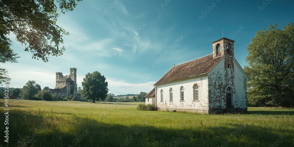 Obraz premium Ruined Landstejn Castle and white church in a lush green landscape, historical site preservation, Czech Republic scenery