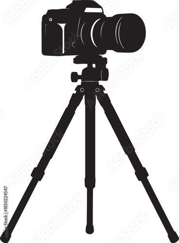 DSLR camera mounted on a sturdy tripod in a solid black silhouette, and technology concepts DSLR black and white also transparent background