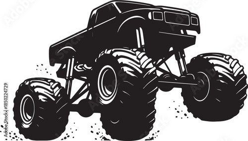Dynamic black silhouette of a monster truck with massive tires kicking up dirt in a powerful jump vehicle also transparent background