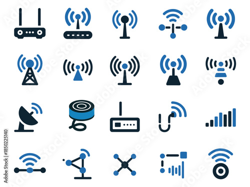 Collection of wireless connectivity icons featuring routers, antennas, and signals in various designs.